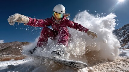 Naklejka premium Snowboarder in Red Suit Soars Through Air Against Clear Blue Sky