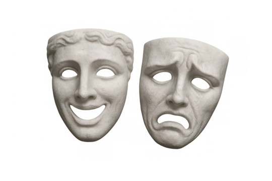 Comedy and tragedy masks representing theater arts, greek drama, acting, emotions, and human feelings on transparent background