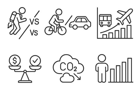 Jetpack Commute Analysis. Line style icons of jetpack commute comparison: jetpack vs car icon, jetpack vs bike symbol, transit vs