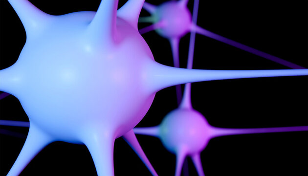 Stylized CG neurons with spherical cell bodies and branching dendrites/axons in blue‑purple‑pink gradients on a black background, glowing and futuristic. - Powered by Adobe
