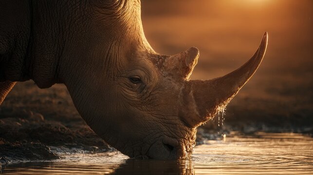 Large mammal lowers its head to drink water from a shallow natural pool during golden hour
