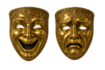 Golden masks symbolizing the duality of human emotion, showing laughing comedy and crying tragedy, ideal for theatre and drama themes