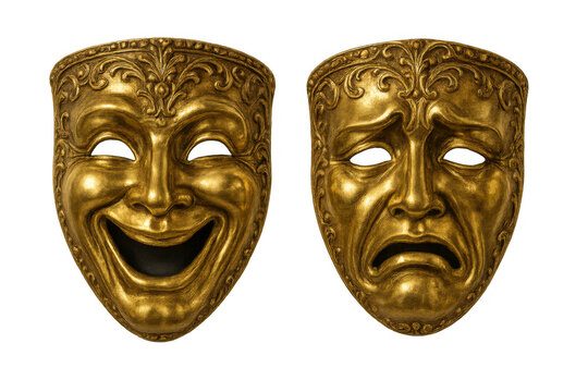 Golden masks symbolizing the duality of human emotion, showing laughing comedy and crying tragedy, ideal for theatre and drama themes