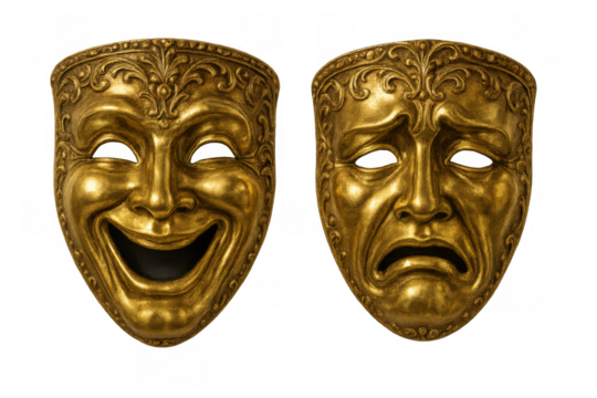 Golden masks symbolizing the duality of human emotion, showing laughing comedy and crying tragedy, ideal for theatre and drama themes