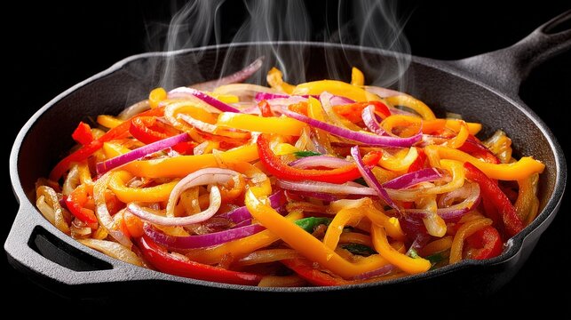Sliced colorful bell peppers and onions sizzle with steam rising in a cast iron skillet