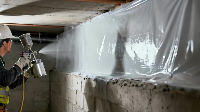 Construction professional applying sprayon vapor barrier coating evenly on basement walls to create a seamless moisture protection layer.