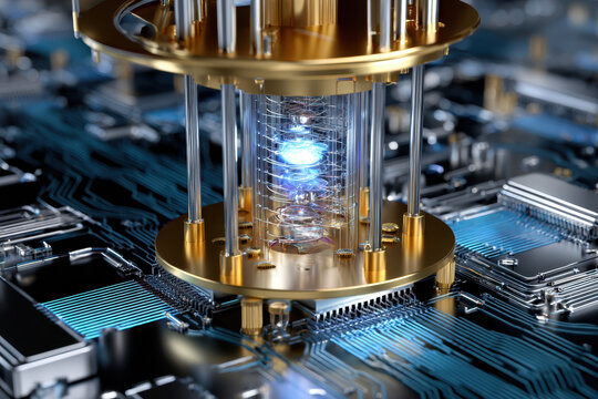 Quantum technology device showcasing intricate circuits and luminous elements in a modern lab