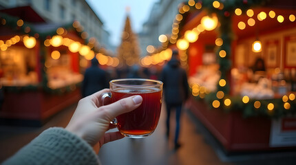 Close-up of a glass mug held by a woman at festive winter market, warm drink and holiday lights creating cozy seasonal atmosphere at outdoor Christmas fair evening. AI generated