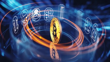 Bitcoin cryptocurrency coin with digital security symbols and light trails - Powered by Adobe