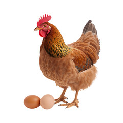 Fototapeta premium Brown Hen Standing Proudly Over Freshly Laid Eggs in a Cozy Farm Setting