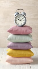 Pastel pillows stacked with retro alarm clock on top