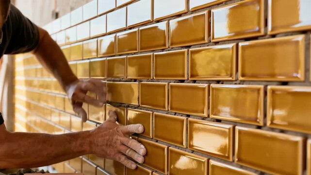 Medium shot of skilled hands laying glazed bricks in precise alignment creating a sleek reflective wall surface under natural daylight