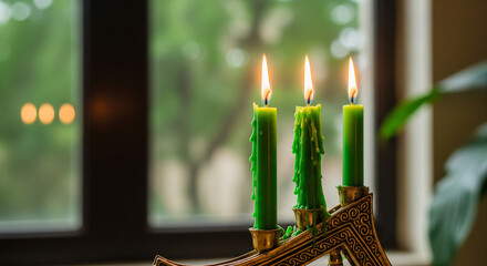 Three green candles burning in a candle holder near a window. Perfect for Hanukkah, Christmas, spiritual decor, holidays, meditation background, and cozy interior design.