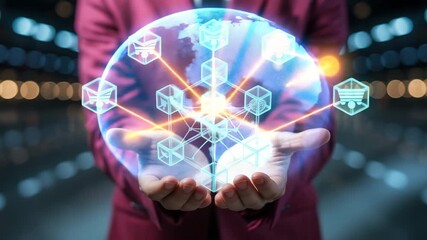 Person holding glowing blockchain network and global technology in hands - Powered by Adobe