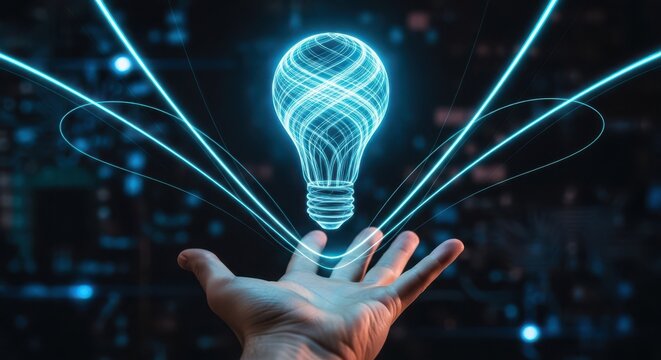 A human hand reaching out to a glowing blue light bulb, symbolizing innovation, technology, and the birth of new ideas in a digital age