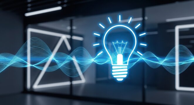 Glowing light bulb icon with dynamic blue energy waves, symbolizing innovation, technology, communication, and creative solutions in a digital future