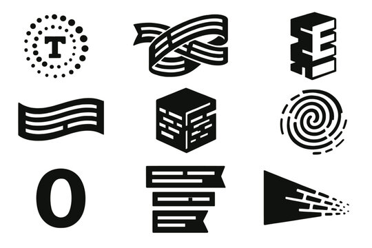 Quantum Poetry Icons. Solid style icons of quantum visual poetry: particle swirl typography, entangled sentence strip, fragmented