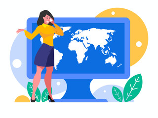 Roaming around the world. Businesswoman talking on smartphone with client or customer. Smiling woman employee have cellphone conversation. Business communication. World map on computer display