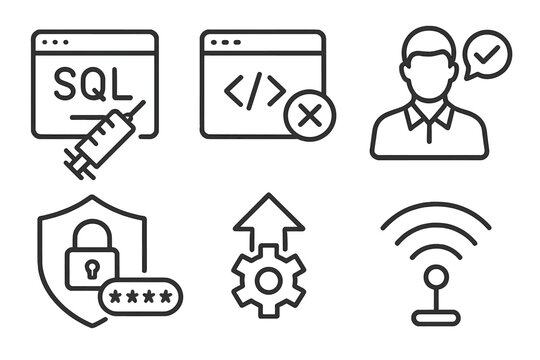 Ethical Hacking Icons. Line style icons of ethical hacking techniques: SQL injection test, cross-site scripting (XSS), social