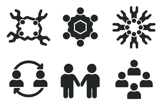 Skydiving Group Dynamics Icons. Solid style icons of group dynamics: five-way dive icon, six-way pattern badge, eight-skydiver
