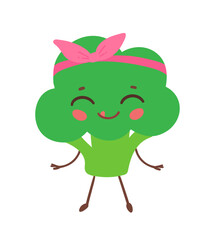 Vector illustration of a cute broccoli character with pink headband and happy face. Flat vegetable character object.
