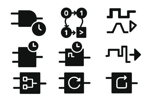 Temporal Logic Icons. Solid style icons of temporal logic circuits: logic gate with clock icon, flip-flop state diagram,