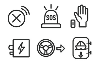Emergency Procedure Icons. Line style icons of emergency procedures: distress signal icon, auto SOS beacon, crew intervention