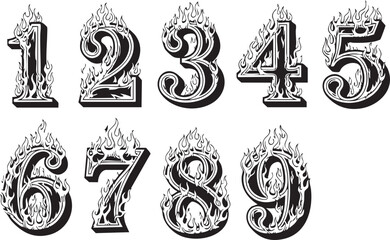 A set of stylized, flaming numbers from one to nine, illustrated in a black and white vintage design.