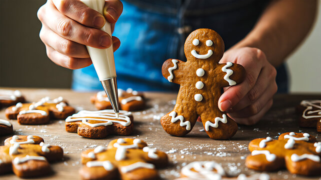 Person decorating gingerbread cookies with white icing on wooden surface during festive holiday baking activity