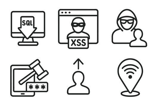 Ethical Hacking Icons. Line style icons of ethical hacking techniques: SQL injection test, cross-site scripting (XSS), social