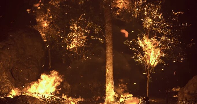 Flames consume trees in a forest at dusk, creating a chaotic and dangerous environment. Ash and sparks fly in the air, endangering local wildlife and ecosystem.