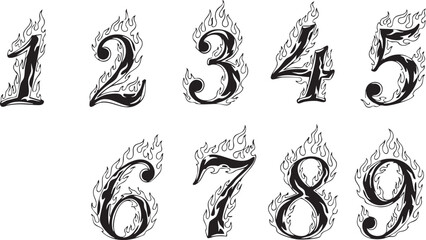 Set of black and white stylized numbers from one to nine, each dynamically engulfed in decorative flames.