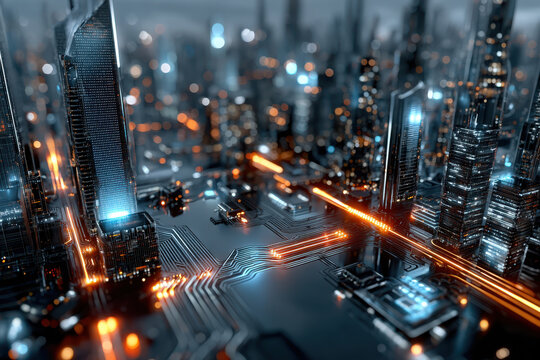 Futuristic Cityscape Built on Circuit Board at Night