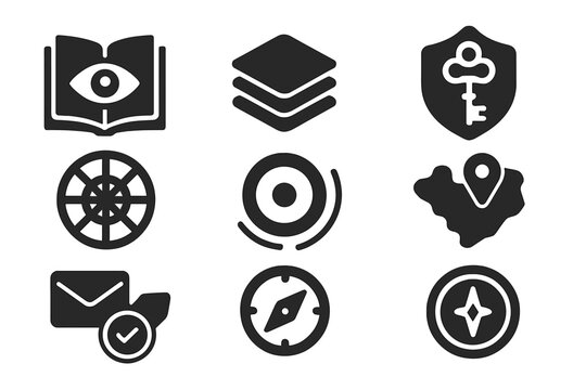 Symbolism Course Icons. Solid style icons of symbolism courses: open book with eye icon, layered meaning chart, symbolic key badge