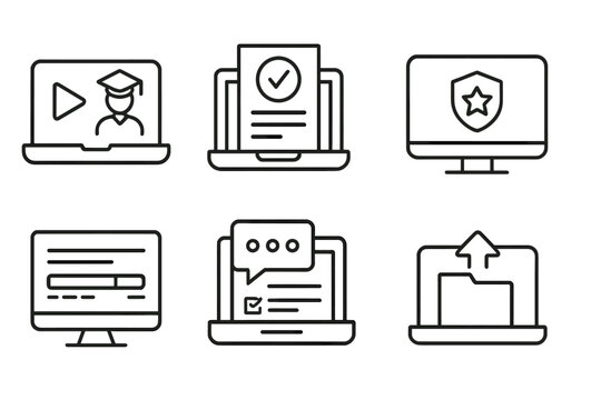 Digital Learning Icons. Line style icons of digital platforms for CBE: online learning system, digital assessment tool, badge