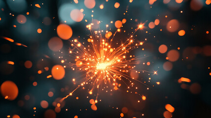 Bright orange fireworks bursting along the edge of the frame, glowing sparks and trails creating a dynamic, energetic, high-contrast celebratory atmosphere.