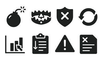 Grammar Sabotage Icons. Solid style icons of grammar sabotage drills: syntax bomb glyph, logic trap icon, rule-break badge. Broken