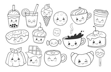 Vector illustration of cute sweets, desserts and drinks with faces in black and white. Line art food character collection.