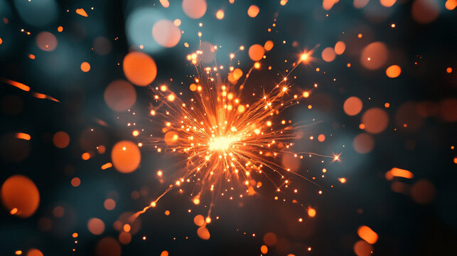 Bright orange fireworks bursting along the edge of the frame, glowing sparks and trails creating a dynamic, energetic, high-contrast celebratory atmosphere.