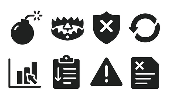 Grammar Sabotage Icons. Solid style icons of grammar sabotage drills: syntax bomb glyph, logic trap icon, rule-break badge. Broken