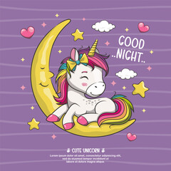 Cute Unicorn With Moon And Stars, Good Night, Vector Cartoon Illustration