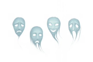 Melting masks depicting varying emotions of joy and sorrow, with ghost-like faces symbolizing drama and change