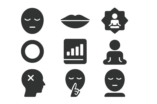 Icons of Serenity. Solid style icons of silence mastery programs: calm face glyph, closed lips icon, inner peace badge. Stillness