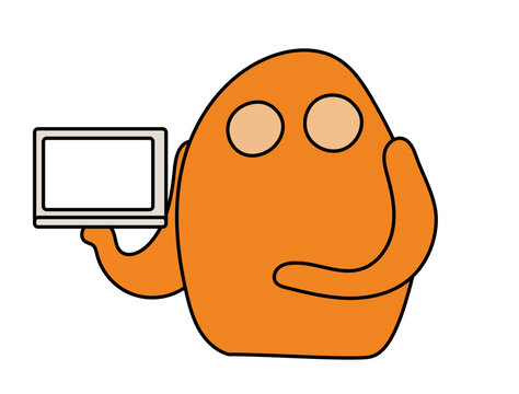 A cute orange monster with big eyes holding a light coloured laptop computer, with a transparent screen area. Vector drawing. 