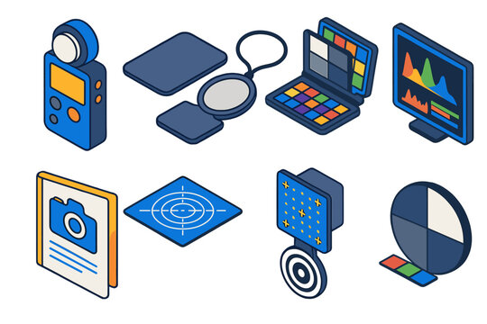 Film Tools Icons. Isometric vector illustration set Film and photography – light meter, gray card, white balance tool; color