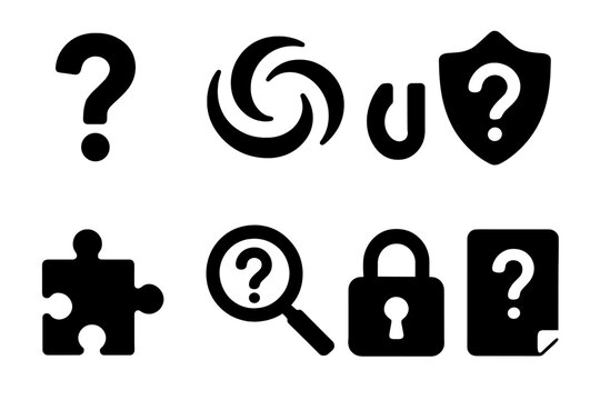 Mystery Icon Symbols. Solid style icons of mystery effect symbols: question mark glyph, swirling field icon, anomaly badge. Magnet