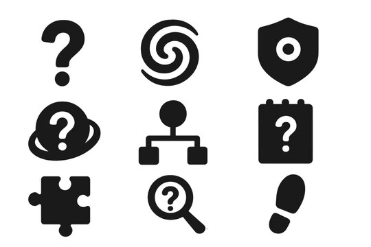 Mystery Icon Symbols. Solid style icons of mystery effect symbols: question mark glyph, swirling field icon, anomaly badge. Magnet