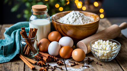 Rustic kitchen scene with flour, milk, eggs, spices, and white chocolate chips arranged for festive holiday baking