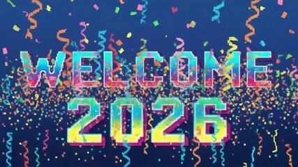 Welcoming the vibrant pixelated future of 2026 with confetti and joyful anticipation against a deep