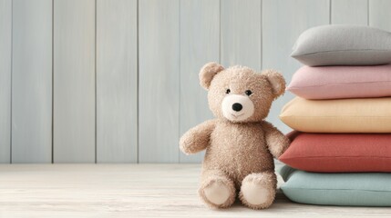 Teddy bear leaning beside stack of colorful soft pillows